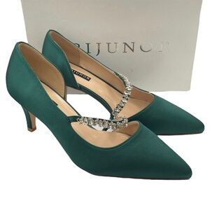 ERIJUNOR satin rhinestone straps pointed toe formal green pumps women’s Size 8.5